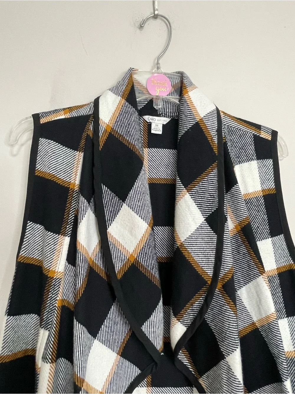 Cato‎ Black White & Gold Plaid Open Front Vest~ Sz medium~ Business Casual